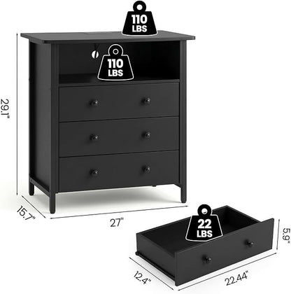27 Inch LED Nightstand with Charging Station & 3 Drawers, Black | Solid Wood and Steel Frame, 2 AC Outlets, 2 USB Ports, RGB App Control, Open Storage, Adjustable Feet, for Bedroom or Office