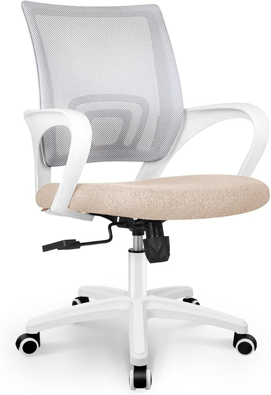 NEO CHAIR Office Desk Computer Chair Ergonomic Mesh Gaming Cushion Seat with Comfy Lumbar Mid Back Support Adjustable Height Swivel Rolling Wheels for Home Task (Beige)