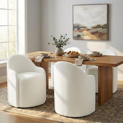 KISLOT Upholstered Dining Chairs with Casters, No Assembly Modern Dining Room Chairs Accent Vanity Chair with 5 Wheels & Round Backrest for Bedroom, Living Room, Dressing, Linen Fabric, Set of 4