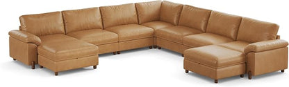 SITJOY Large Cloud Couch, 138" Wide 7 Seater V Shape, Faux Leather in Brown | Pet-Friendly Scratch-Resistant Leather Sectional Sofas for Living Room, Deep Seat Wide Couch with Chaise, Storage Ottoman