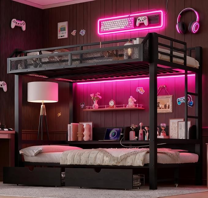 Bellemave Bunk Bed Twin XL Over Twin XL，Metal Bunk beds with Storage Shelves and Drawers USB Ports and LED Lights, Lower Bed That can be Converted into a Sofa, Black