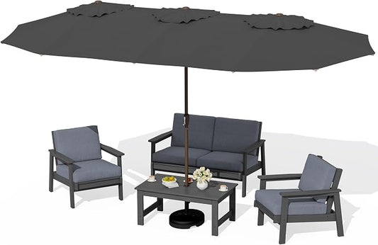 SERWALL HDPE Patio Furniture Set with 15FT Double Side Patio Umbrella, All Weather Wood-Like Outdoor Sofa Sectional Couch, Grey Patio Furniture with Grey Cushions