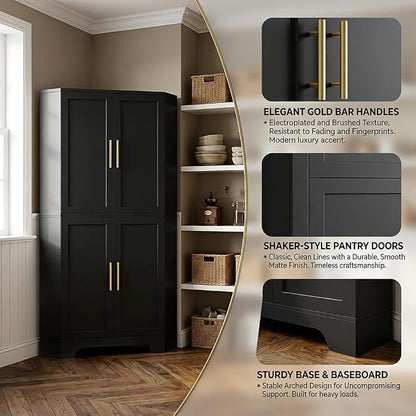 Corner Cabinet, Metal Storage,Kitchen Pantry Cabinet with Adjustable Shelves & Spice Rack, Tall Freestanding Corner Pantry with Shaker Doors & Gold Handles for Kitchen, Bathroom, Living Room (Black)