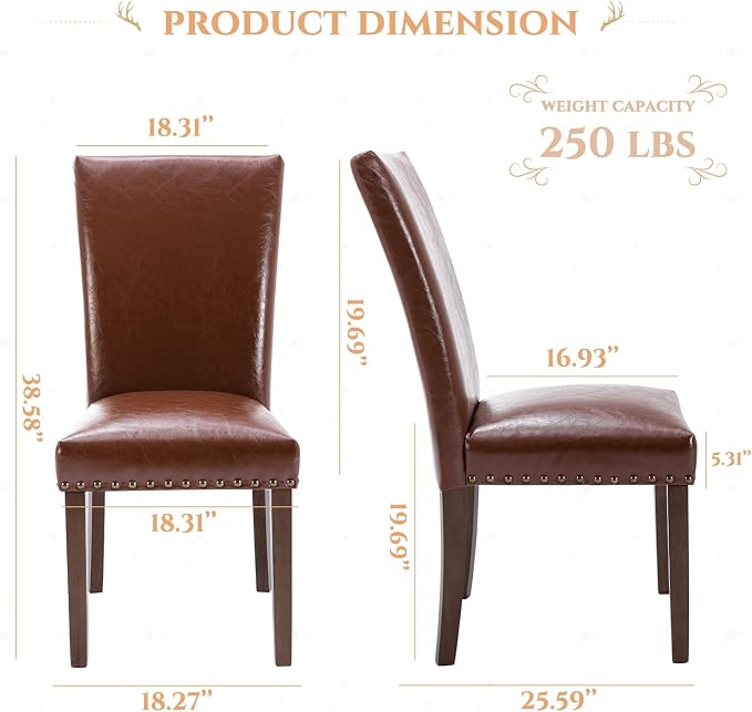 COLAMY Parsons Dining Chairs Set of 2, Upholstered Nailhead PU Leather Dining Room Kitchen Side Chair with Thick Cushions and Wood Legs, Light Brown