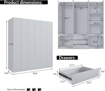 Mekminop Large Armoire Wardrobe Closet with Drawers and Shelves, White Bedroom Armoires with 6 Doors 2 Hanging Rods, Wooden Freestanding Wardrobe Armoire for Bedroom Organizer，23.6"D x 70.8"W x 77.8"H