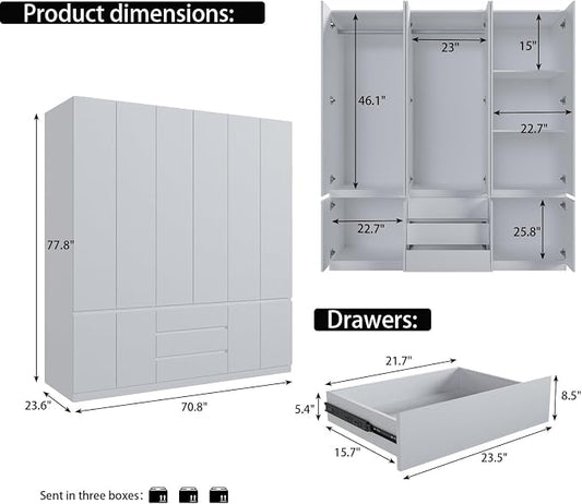 Mekminop Large Armoire Wardrobe Closet with Drawers and Shelves, White Bedroom Armoires with 6 Doors 2 Hanging Rods, Wooden Freestanding Wardrobe Armoire for Bedroom Organizer，23.6"D x 70.8"W x 77.8"H