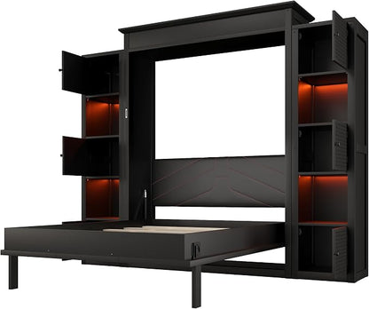 MERITLINE Queen Murphy Bed with Storage Bookcase Shelves and LED Light, Solid Wood Murphy Wall Beds with Storage Cabinet Shelves,for Adults,Space-Saving for Office,Bedroom,Guest Room