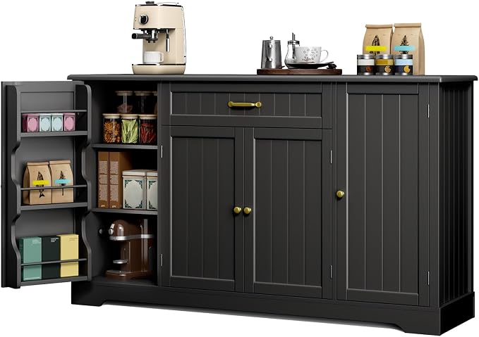 Gizoon 56" Kitchen Coffee Bar Cabinet with Storage Kitchen Sideboard Buffet Cabinet with Drawers, Short Pantry with Door and Shelves for Bathroom and Living Room, Black