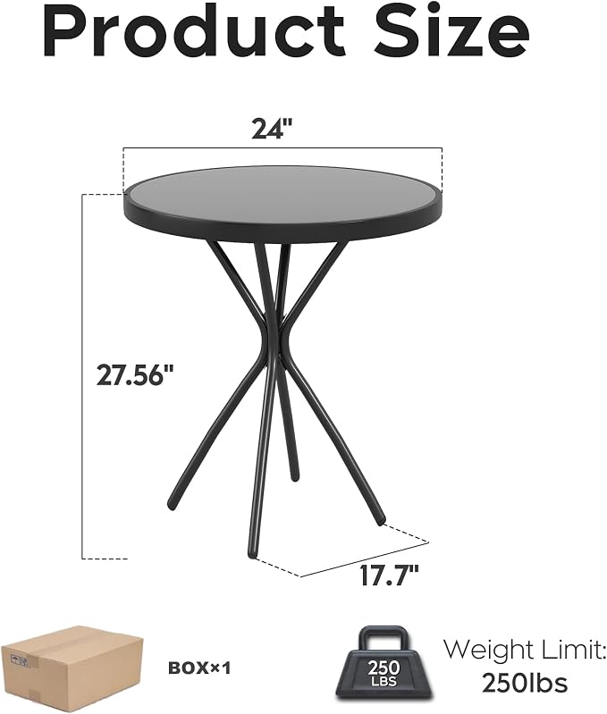 3-Piece Folding Bistro Set, Weather-Resistant Outdoor/Indoor Conversation Set with Heavy-Duty Powder-Coated Steel Frame and Tempered Glass Side Table for Patio, Yard, Garden (Brown)