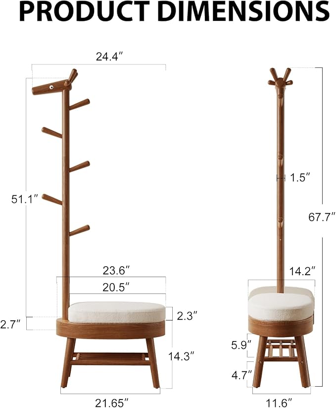 AQIMUELE Entryway Shoe Rack with Coat Rack, Wooden Shoe Bench with Upholstered Cushion, 3-in-1, 2-Tier Shoe Storage and Cute Animal Hooks for Entryway, Hallway, Closet (Walnut 24.4")