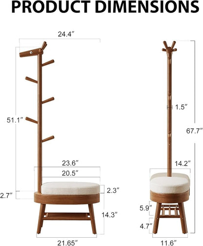AQIMUELE Entryway Shoe Rack with Coat Rack, Wooden Shoe Bench with Upholstered Cushion, 3-in-1, 2-Tier Shoe Storage and Cute Animal Hooks for Entryway, Hallway, Closet (Walnut 24.4")