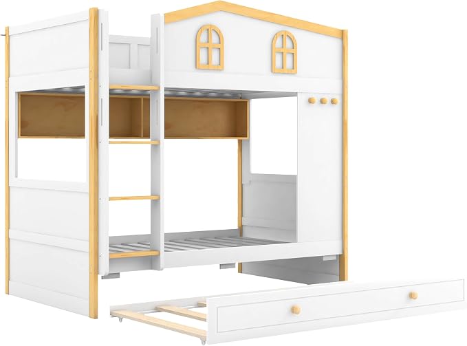 Merax Twin Over Twin Size House Bunk Bed with Storage Shelves & Pull-Out Trundle, Solid Wood Space-Saving Loft Bed Frame with Safety Guardrails for Bedroom, White+Natural