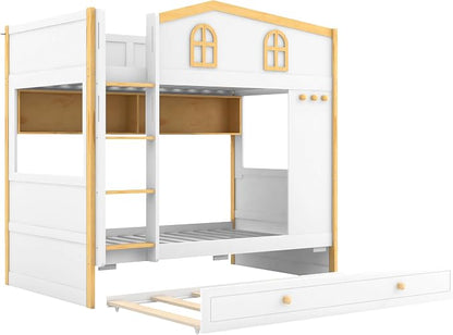 Merax Twin Over Twin Size House Bunk Bed with Storage Shelves & Pull-Out Trundle, Solid Wood Space-Saving Loft Bed Frame with Safety Guardrails for Bedroom, White+Natural