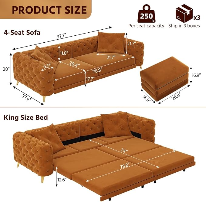 97.7'' Pull Out Sofa Bed King, Chesterfield Velvet Sleeper Sofa, Convertible L-Shaped Futon Couch, Tufted Back, Ottoman, Deep Seat Loveseat Couches for Living Room, Apartment, Orange