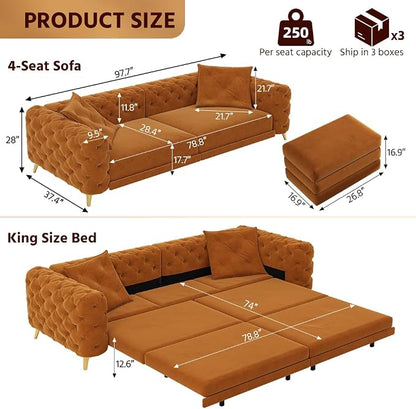 97.7'' Pull Out Sofa Bed King, Chesterfield Velvet Sleeper Sofa, Convertible L-Shaped Futon Couch, Tufted Back, Ottoman, Deep Seat Loveseat Couches for Living Room, Apartment, Orange