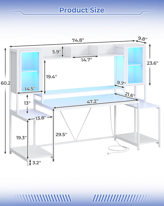 SEDETA Gaming Desk 74.8'' with LED Lights, Hutch and Storage Shelves, Computer Desk with Monitor Stand, Large PC Gamer Desk Workstation, Ergonomic Gaming Table for Bedroom, Living Room, White