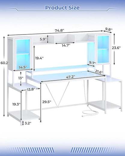 SEDETA Gaming Desk 74.8'' with LED Lights, Hutch and Storage Shelves, Computer Desk with Monitor Stand, Large PC Gamer Desk Workstation, Ergonomic Gaming Table for Bedroom, Living Room, White