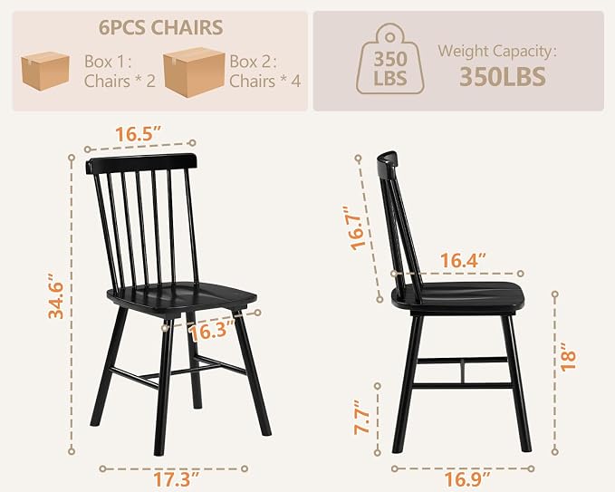 PrimeZone Windsor Dining Chairs Set of 6 - Solid Rubber Wood Farmhouse Kitchen Chair with Spindle Back, Mid-Century Modern Side Dining Chair for Dining Room, Kitchen & Restaurant, Black