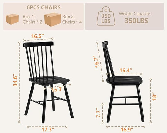 PrimeZone Windsor Dining Chairs Set of 6 - Solid Rubber Wood Farmhouse Kitchen Chair with Spindle Back, Mid-Century Modern Side Dining Chair for Dining Room, Kitchen & Restaurant, Black