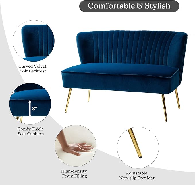 TINA'S HOME Contemporary Velvet Loveseat Sofa, Upholstered Loveseat Couch with Golden Metal Legs, Small Tufted 2-Seat Sofa Armless Love Seat for Living Room, Bedroom, Apartment Small Spaces, Navy