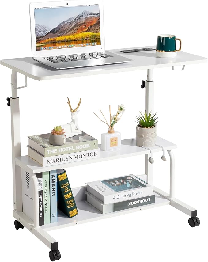 Mobile Laptop Desk with Power Outlets, Height Adjustable TV Tray Table with Storage Shelf, Rolling Computer Table with USB Ports (White)