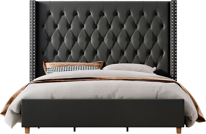 Jocisland King Bed Frame 61.4" Tall Headboard Velvet upholstered,Black | Full Back Support Wingback Headboard,Deep Button Tufted Hand-crafted Pleats,Squeak-Free Sleep,Solid Wood Legs,Easy Assembly
