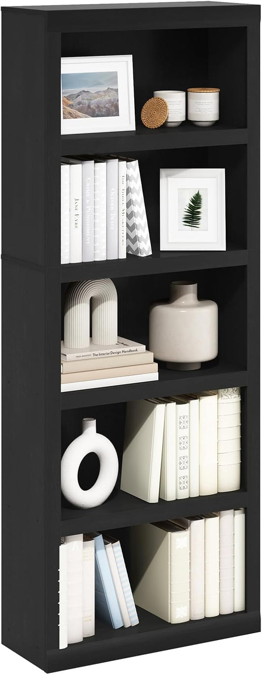 Furinno Rail Book Shelf, 5-Tier Bookshelf with Open Shelf, Bookcase with Classic Style Edges, 10 x 24.6 x 63.5, for Organization and Storage, for Living Room, Bedroom, Home Office, Blackwood
