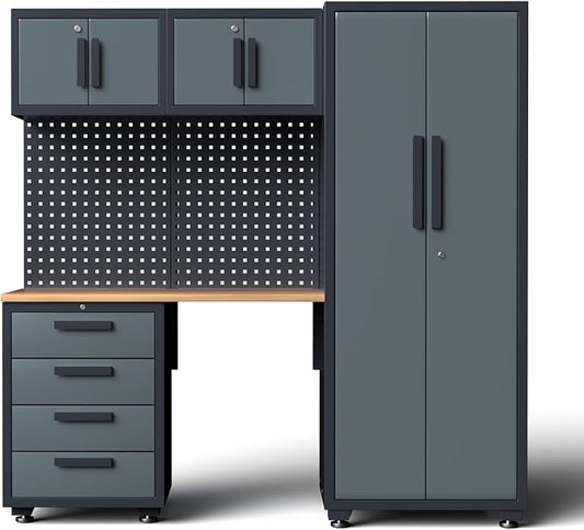 Garage Storage Cabinet System, 7PCK Workshop Set Garage Cabinets and Storage System with Steel Cabinet Drawers, Workbench, Pegboard for Tool Organization