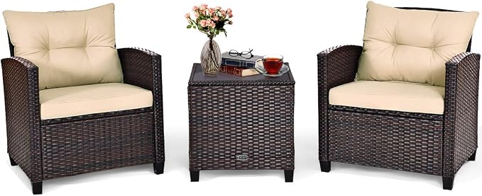 COSTWAY 3PCS Patio Furniture Set, PE Rattan Wicker Sofa w/Washable Cushion and Coffee Table, Tempered Glass Tabletop, Outdoor Conversation Set for Balcony, Porch, Yard, Backyard, Lawn, Beige