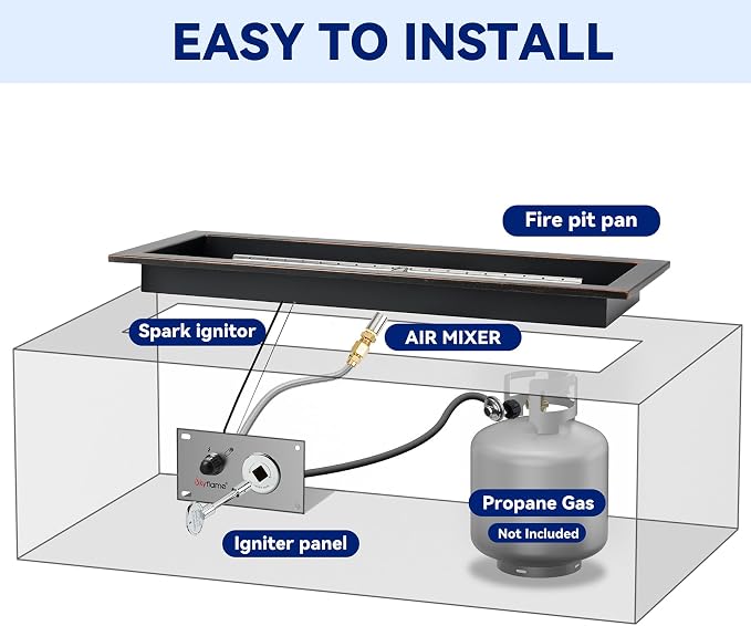 Skyflame 24 x 8 Inch Rectangular Fire Pit Pan Kit, Black Drop-in Fire Pit Pan and Burner, Come with Spark Ignition and Propane Hose, Indoor/Outdoor Fire Table DIY Decorative