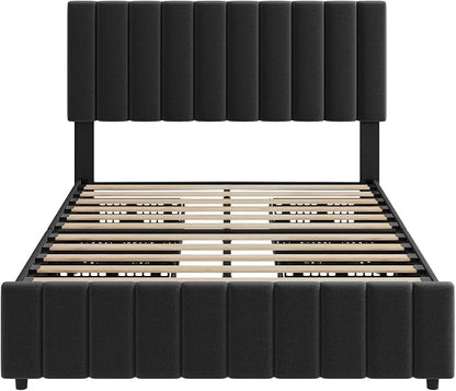 IDEALHOUSE Queen Upholstered Bed Frame with 4 Storage Drawers, Adjustable Headboard and Wooden Slats Support, No Box Spring Needed, Black