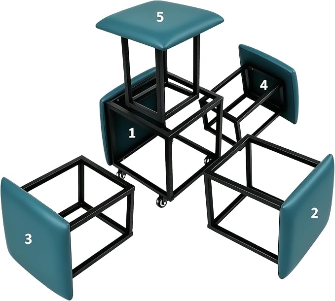 5 in 1 Nesting Ottoman Cube Chair, Stackable Stools, Leather Square Ottoman Bench, Foot Stool with Wheels for Living Room,Dining Room 15.75x15.75x16.54 inches