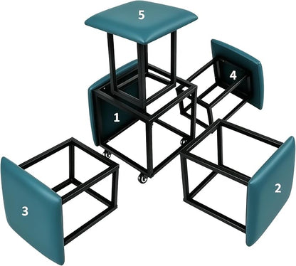 5 in 1 Nesting Ottoman Cube Chair, Stackable Stools, Leather Square Ottoman Bench, Foot Stool with Wheels for Living Room,Dining Room 15.75x15.75x16.54 inches