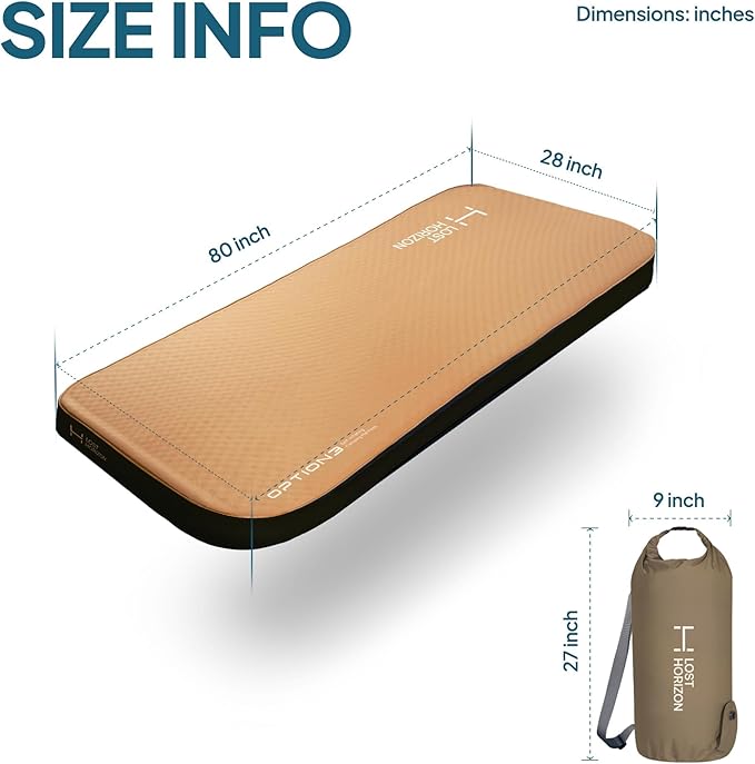 Lost Horizon Air & Foam Camping Mattress, Self-Inflating Sleeping Pad, 4.5" Thick, with Pump Sack, Single