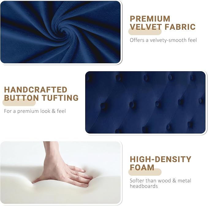 King Headboard Only, Upholstered Headboard King Size for Adjustable Bed Velvet Tufted Wall Mounted Head Board with Solid Wood Legs, Navy Blue