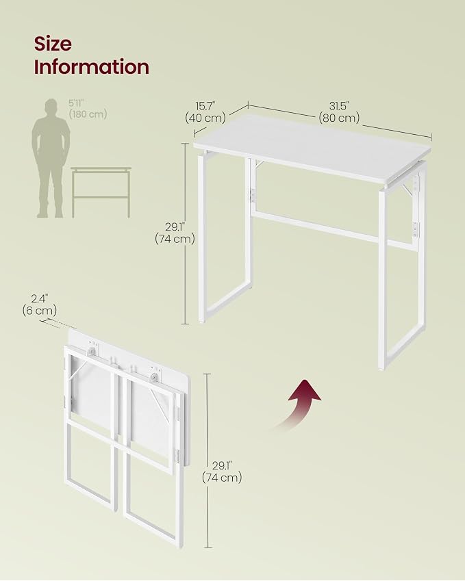 VASAGLE Folding Desk, Foldable Computer Desk, One-Piece Desktop, Rounded Edges, Small Folding Craft Table for Bedroom, Balcony, Camping, Easy Assembly, 31.5 x 15.7 Inches, Matte White ULWD151WF01