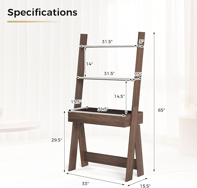 Tangkula Ladder Desk with Countertop & Drawer, Home Office Computer Laptop Table with Open Shelves & Anti-Tip Kits, Wall-Leaning Compact Working Station for Small Spaces (Walnut)