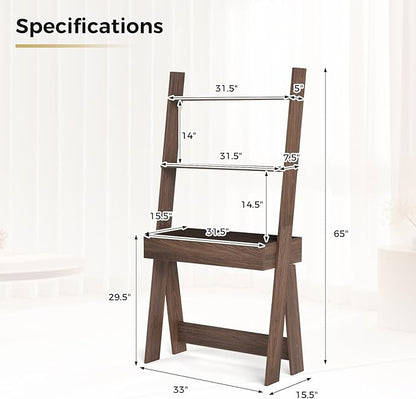 Tangkula Ladder Desk with Countertop & Drawer, Home Office Computer Laptop Table with Open Shelves & Anti-Tip Kits, Wall-Leaning Compact Working Station for Small Spaces (Walnut)