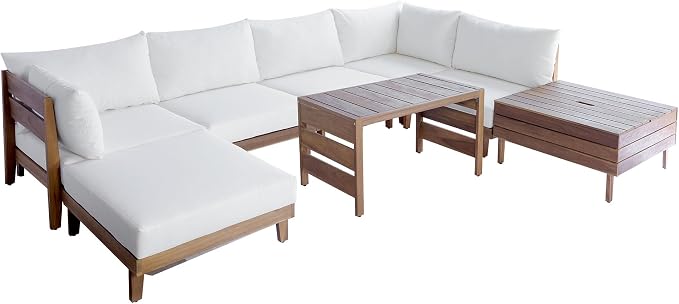 VilroCaz 8-Piece Acacia Wood Outdoor Patio Sofa Set, Modular Sectional Furniture Set with Storage Tea Table, Coffee Table, All-Weather Conversation Set with Cushions for Backyard Poolside