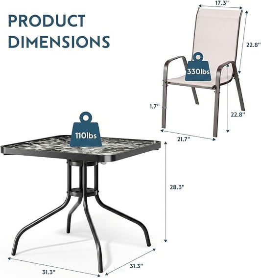 Arlopu 5 Piece Outdoor Patio Dining Set (Umbrella not Included), Porch Furniture with 4 Textline Chairs, 1 Square Glass Table for Garden, Backyard and Poolside, Lawn (Beige)