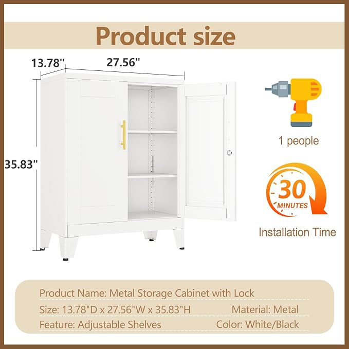 GAIOUS White Metal File Cabinet with Lock(Two Units), Steel Storage Cabient | with 2 Doors and 2 Adjustable Shelves, Multifunctional Locked Cabinet for Home/Office/Garage/Tool Room, Accent Furniture