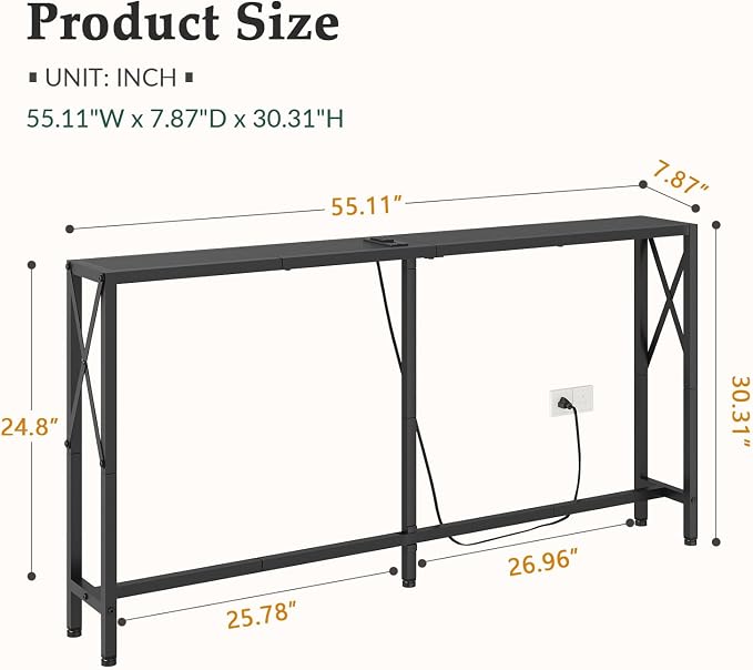 Gewudraw 55.1" Narrow Sofa Table, Console Table with Oulets & USB Ports, Entryway Table, Industrial Couch Table for Hallway, Living Room, Bedroom, 6.5 Feet Power Cord,Black