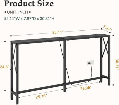 Gewudraw 55.1" Narrow Sofa Table, Console Table with Oulets & USB Ports, Entryway Table, Industrial Couch Table for Hallway, Living Room, Bedroom, 6.5 Feet Power Cord,Black