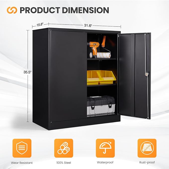 Metal Storage Cabinet, 35.4'' Tall Small Storage Cabinet with Doors and Shelves, Locking Cabinet for Home Office, Garage, Utility Room, Warehouse, Black