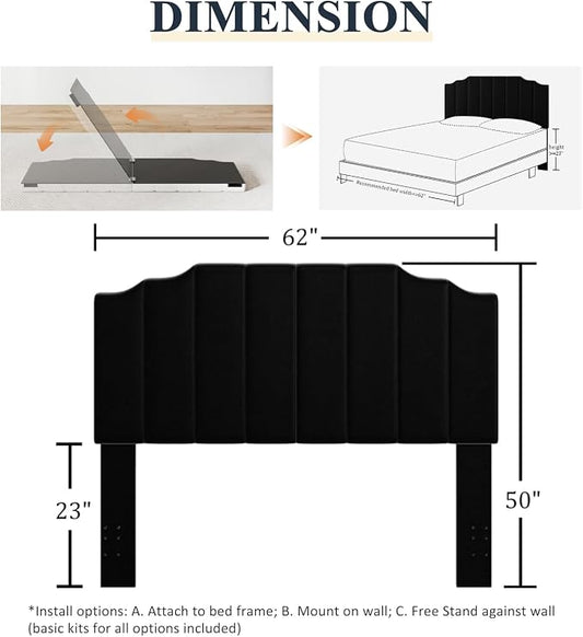 Befurtori Queen Size Headboard Only, Velvet Wall Mounted Headboard Queen Size for Adjustable Bed, Modern Vertical Channel Design with Curved Tufted Upholstered Head Board and Luxury Soft Padded, Black