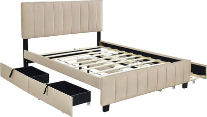 Bellemave Queen Bed Frame with Trundle Bed,Velvet Upholstered Platform Bed Frame with Storage Drawers,Queen Size Trundle Bed with Headboard for Kids Teens Adults,Beige