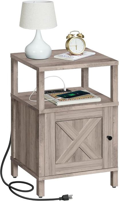 MAHANCRIS Farmhouse Nightstand with Charging Station, Greige Bedside Table with USB & Type-C Ports, End Table with Storage Cabinet and Open Shelf, Modern Side Table for Bedroom, Grey ETGY96E01