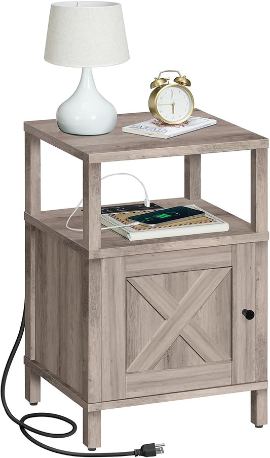 MAHANCRIS Farmhouse Nightstand with Charging Station, Greige Bedside Table with USB & Type-C Ports, End Table with Storage Cabinet and Open Shelf, Modern Side Table for Bedroom, Grey ETGY96E01