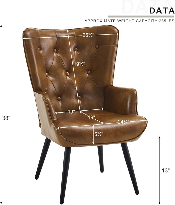 Furnimart Faux Leather Accent Chair Mid Century Modern Living Room Chairs; Comfy Armchair Leisure Vanity Guest Wingback Chair for Office Study Vanity Bedroom Waiting Room PU Yellow Brown