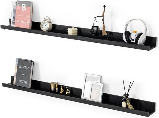 Muzilife 55" Large Floating Wall Ledge Shelves with Lip - Set of 2 Wood Floating Shelves - Black Wall Mounted Picture Ledge for Office, Bathroom, Bedroom, Living Room, Kitchen